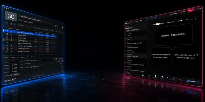 QLab cue list showing batch generated subtitle group cues