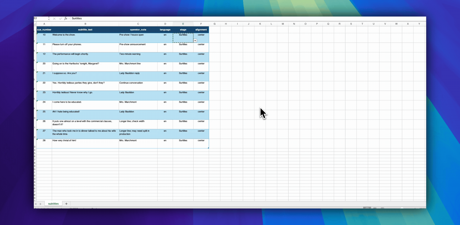 Inspector Text cue QLab yang menampilkan penetapan Stage pada tab I/O
