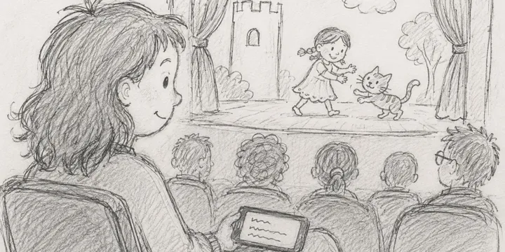 Un niño contempla una función de títeres mientras lee subtítulos en un teléfono móvil
