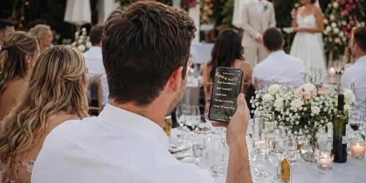 Uma pessoa convidada para um casamento lê legendas ao vivo no celular enquanto o casal fala