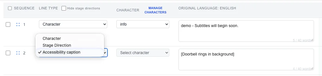 Editor line-type menu with Accessibility caption selected and the example [Doorbell rings in background].