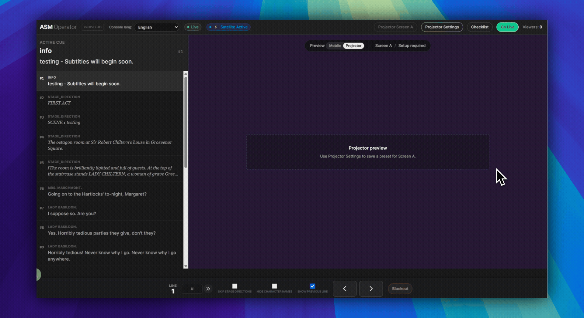 Projector Settings preset bar with Save Preset, Download Preset, Upload Preset, Save to Cloud, and Back to Console