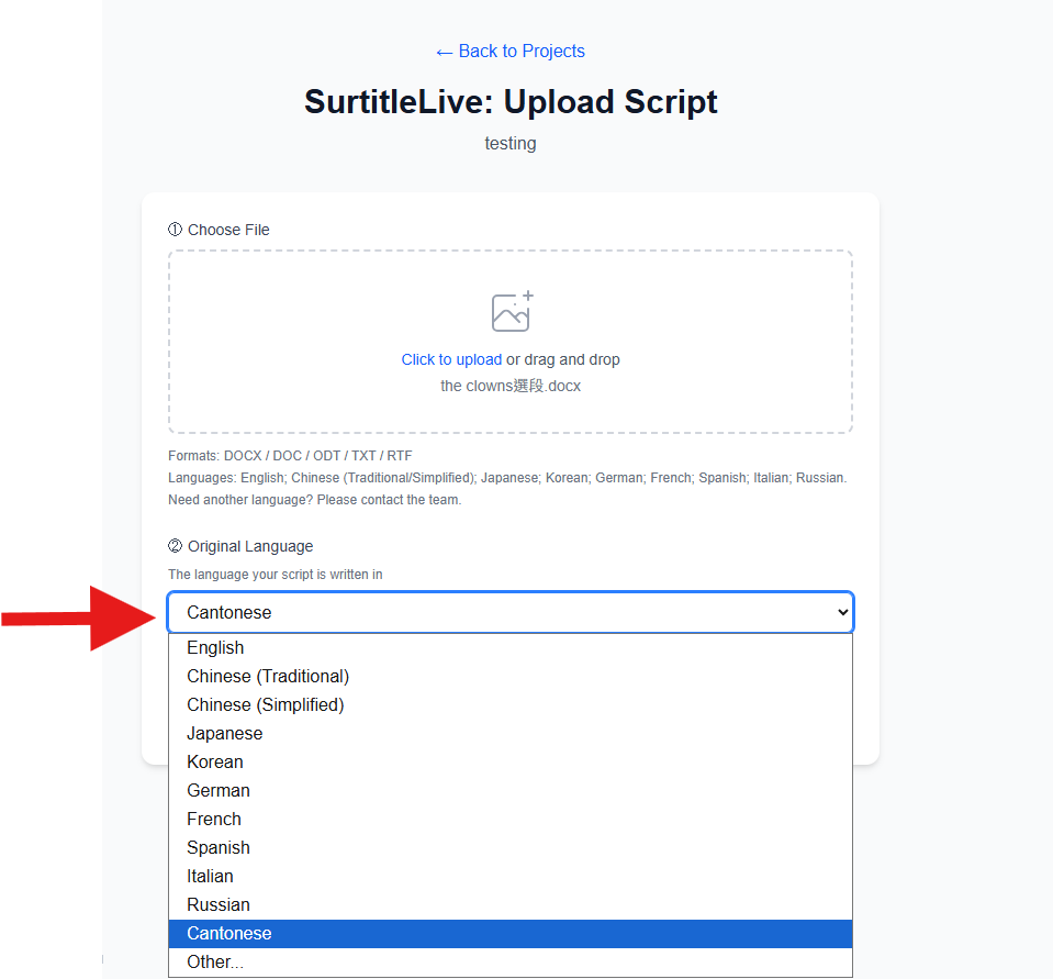 Figure 2: Language selection dropdown